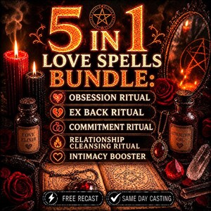 Könnte beinhalten: Eine digitale Grafik mit dem Titel 5 IN 1 LOVE SPELLS BUNDLE, die Rituale wie Obsession, Ex Back, Commitment, Relationship Cleansing und Intimacy Booster auflistet. Das Bild zeigt rote Kerzen, Glasflaschen und ein Pentagramm.
