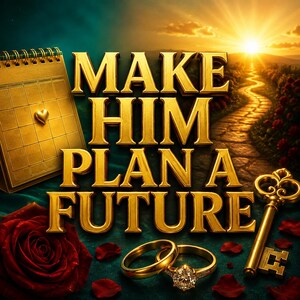 Puede incluir: Un calendario dorado con un icono de corazón, dos anillos dorados y una llave dorada dispuestos con una rosa roja y pétalos. El texto "MAKE HIM PLAN A FUTURE" aparece en grandes letras doradas sobre un fondo con un atardecer y un camino.