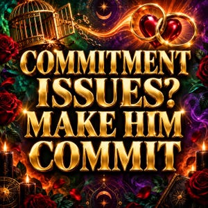 May include: A digital graphic featuring the gold text COMMITMENT ISSUES? MAKE HIM COMMIT. The design includes a gold birdcage, two interlocking gold rings with a red heart, red roses, black candles, and mystical celestial symbols on a dark background.