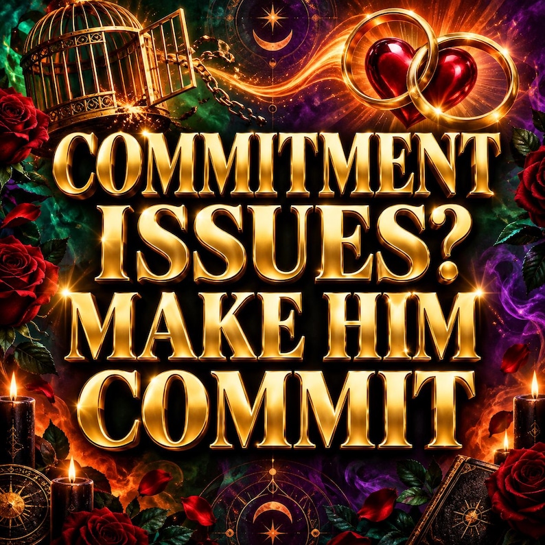 K&ouml;nnte beinhalten: Eine digitale Grafik mit dem goldenen Text COMMITMENT ISSUES? MAKE HIM COMMIT. Das Design enth&auml;lt einen goldenen Vogelk&auml;fig, zwei ineinandergreifende goldene Ringe mit einem roten Herz, rote Rosen, schwarze Kerzen und mystische Symbole auf dunklem Grund.