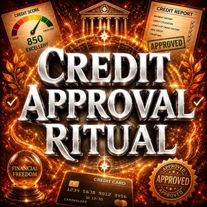 Peut inclure: Un graphique avec le texte CREDIT APPROVAL RITUAL en lettres argentées 3D. Les éléments incluent une jauge de score de crédit affichant 850, un rapport de crédit marqué APPROVED, une boule de cristal FINANCIAL FREEDOM, une carte et un sceau.