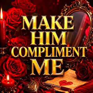 Könnte beinhalten: Eine dekorative Darstellung mit dem goldenen Text MAKE HIM COMPLIMENT ME, zentriert vor einem Hintergrund aus dunkelroten Rosen, zwei brennenden roten Kerzen, einem verzierten goldgerahmten Spiegel, Pergament mit rotem Herz und einem Stift.