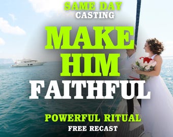 Op de afbeelding: Een persoon in een witte jurk met een boeket rode en witte rozen staat op het dek van een boot naast een ander persoon. De afbeelding bevat de tekst: SAME DAY CASTING MAKE HIM FAITHFUL POWERFUL RITUAL FREE RECAST in limoengroen en wit.