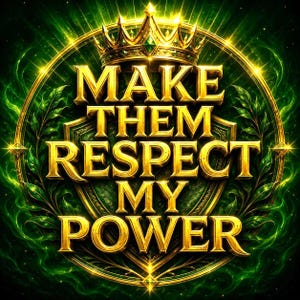 Può includere: Un emblema circolare con una corona dorata sopra uno scudo con il testo MAKE THEM RESPECT MY POWER in lettere dorate. Il design è circondato da una corona d'alloro verde e raggi di luce luminosi su uno sfondo verde scuro.