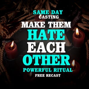 May include: A dark, atmospheric scene featuring four lit red pillar candles arranged in a circle. The text overlay reads: SAME DAY CASTING, MAKE THEM HATE EACH OTHER, POWERFUL RITUAL, FREE RECAST. The lighting is dim, highlighting the candle flames.