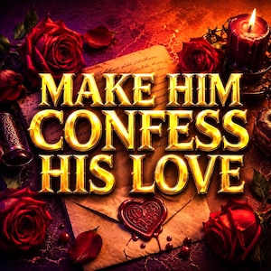 May include: A vintage-style envelope with a heart-shaped wax seal, surrounded by deep red roses and a lit candle. The text MAKE HIM CONFESS HIS LOVE is displayed in large, bold, metallic gold lettering across the centre of the composition.