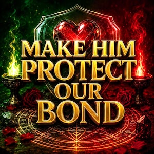 Op de afbeelding: Een digitale afbeelding met de gouden tekst MAKE HIM PROTECT OUR BOND gecentreerd boven een rood hart en schild. De scène bevat groene en rode vlammen in sierlijke kelken, verspreide rode rozenblaadjes en een gloeiend geometrisch cirkelontwerp.