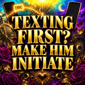 Puede incluir: Un gráfico digital con el texto dorado "TEXTING FIRST? MAKE HIM INITIATE" centrado sobre un fondo morado y azul oscuro. La imagen incluye dos teléfonos inteligentes, un reloj de bolsillo vintage, cartas de tarot y rosas moradas oscuras.