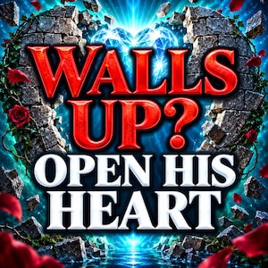 Può includere: Un'illustrazione grafica raffigurante un muro di pietra a forma di cuore con il testo rosso WALLS UP? e il testo bianco OPEN HIS HEART. Il centro brilla di luce blu, circondato da frammenti di pietra, rampicanti e petali di rosa.