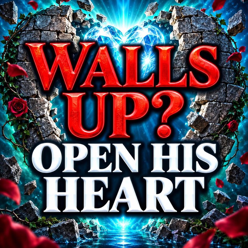 Pode incluir: Uma ilustra&ccedil;&atilde;o gr&aacute;fica apresentando uma parede de pedra em forma de cora&ccedil;&atilde;o com o texto vermelho WALLS UP? e o texto branco OPEN HIS HEART. O centro brilha com luz azul, rodeado por fragmentos de pedra, vinhas e p&eacute;talas de rosa.