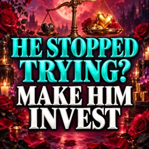May include: A digital graphic featuring a golden scale with a broken heart on one side and a gold heart with coins on the other, surrounded by red roses and candles. The text reads HE STOPPED TRYING? MAKE HIM INVEST in bold cyan and white letters.