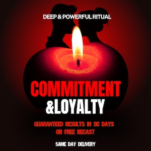 Op de afbeelding: Een rode kaars met een heldere vlam, met silhouetten van twee mensen die tegenover elkaar staan. De tekst luidt: DEEP & POWERFUL RITUAL, COMMITMENT & LOYALTY, GUARANTEED RESULTS IN 90 DAYS OR FREE RECAST en SAME DAY DELIVERY tegen een donkerrode achtergrond.