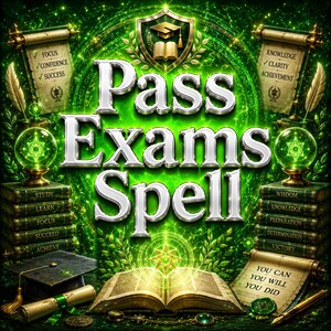 May include: A digital graphic featuring the text Pass Exams Spell in silver lettering. The image includes stacks of green books, two glowing green crystal balls, two parchment scrolls with text, a graduation cap, and an open book with a glowing star.