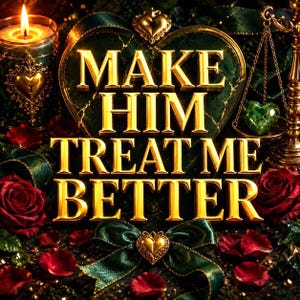 Può includere: Una targa a forma di cuore verde scuro con scritte dorate che recitano MAKE HIM TREAT ME BETTER. La scena include una candela accesa, petali di rosa rossi, un ciondolo a cuore dorato, un fiocco verde e una bilancia dorata con una pietra.
