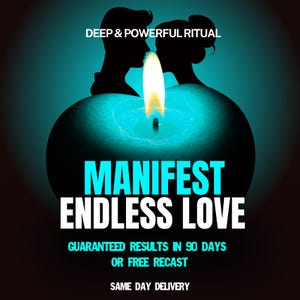 Könnte beinhalten: Eine leuchtende türkisfarbene Kerze mit heller Flamme, umrahmt von den Silhouetten zweier Personen. Der Text lautet: DEEP & POWERFUL RITUAL, MANIFEST ENDLESS LOVE, GUARANTEED RESULTS IN 90 DAYS OR FREE RECAST und SAME DAY DELIVERY vor dunklem Hintergrund.