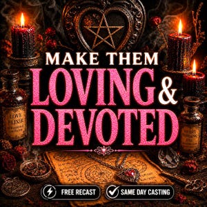 Puede incluir: Una presentación estética oscura con velas negras, botellas de vidrio etiquetadas como Love Elixir y Heart Binding Oil, un colgante en forma de corazón con una piedra roja y un pergamino con símbolos ocultos. Texto: MAKE THEM LOVING & DEVOTED, FREE RECAST, SAME DAY CASTING.
