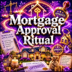 Könnte beinhalten: Eine digitale Grafik mit dem Text Mortgage Approval Ritual in großen goldenen Buchstaben. Zu den Elementen gehören eine Hausillustration, eine goldene Waage, ein Stempel mit dem Wort APPROVED, ein Kreditantrag, eine Kerze und ein Geldsack.