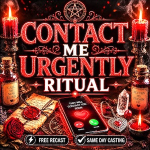 Może przedstawiać: Cyfrowa grafika z napisem CONTACT ME URGENTLY RITUAL w kolorze czerwonym, otoczona dwiema czerwonymi świecami w ozdobnych świecznikach. Smartfon wyświetla ekran połączenia z tekstem THEY WILL CONTACT YOU SOON, obok zapieczętowanego woskiem zwoju, kryształu i wisiorka w kształcie serca.