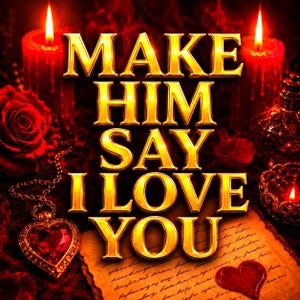 May include: The text MAKE HIM SAY I LOVE YOU in gold, metallic, 3D lettering is centred over a dark, romantic scene featuring two lit red candles, a red rose, a heart-shaped pendant with a red stone, and a piece of parchment with cursive writing.