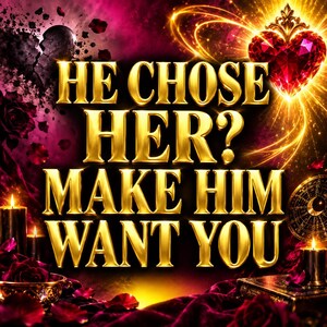 May include: A digital graphic featuring the gold text HE CHOSE HER? MAKE HIM WANT YOU centered against a dark background with a glowing red heart, scattered rose petals, lit black candles, and a circular astrological chart in the corner.