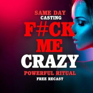 Könnte beinhalten: Eine digitale Grafik mit dem Text SAME DAY CASTING F#CK ME CRAZY POWERFUL RITUAL FREE RECAST in roter und weißer Blockschrift. Die rechte Seite zeigt das Profil eines Gesichts, das von lebendigen roten und blauen Neonlichteffekten beleuchtet wird.