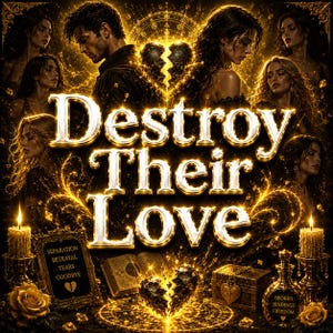 May include: A digital illustration featuring the text "Destroy Their Love" in gold lettering, surrounded by multiple figures, a broken heart, candles, a book, a chest, and a framed sign with the words "Separation, Betrayal, Tears, Goodbye".