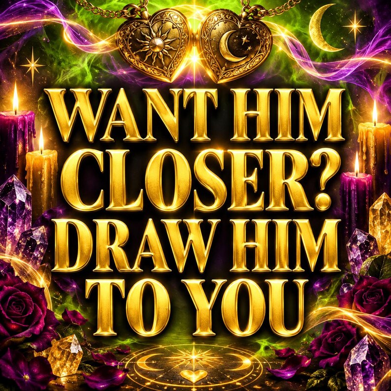 Może przedstawiać: Cyfrowa grafika ze złotym napisem WANT HIM CLOSER? DRAW HIM TO YOU. Projekt zawiera dwa wisiorki w kształcie serca z motywami słońca i księżyca, płonące świece, fioletowe r&oacute;że, kryształy oraz okrągły złoty symbol u dołu obrazu.