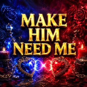 May include: A digital graphic featuring the gold text MAKE HIM NEED ME centred over two heart-shaped pendants, one blue and one red, connected by gold chains. The background displays blue and red roses, glowing candles, and mystical symbols.