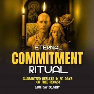 May include: Two golden-toned busts of a person with a shaved head and a person with long hair, both wearing thin black straps. Three lit candles, a rose, and a tarot card labelled The Devil are visible. Text reads ETERNAL COMMITMENT RITUAL.