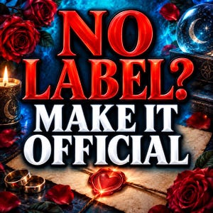 Pode incluir: Um design gráfico com o texto NO LABEL? MAKE IT OFFICIAL em letras vermelhas e brancas. A imagem inclui rosas vermelhas, uma bola de cristal brilhante com uma lua crescente, uma vela acesa, dois anéis dourados e um selo de cera vermelho.