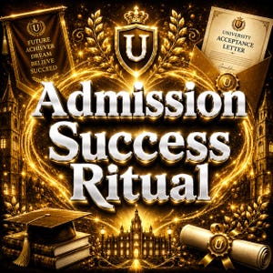Peut inclure: Un graphique doré et noir avec le texte Admission Success Ritual en grandes lettres argentées. Les éléments incluent un blason universitaire, une bannière avec Future Achiever Dream Believe Succeed, une lettre d'admission, des livres et un diplôme.