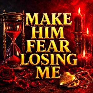 Op de afbeelding: Een digitale afbeelding met de gouden tekst MAKE HIM FEAR LOSING ME gecentreerd tegen een donkerrode achtergrond. De afbeelding bevat een gouden zandloper met rood zand, drie brandende kaarsen, een gouden hartvormig medaillon met ketting en rode rozen.