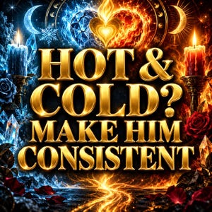 Puede incluir: Un diseño gráfico con el texto dorado HOT & COLD? MAKE HIM CONSISTENT centrado sobre un fondo dividido de cristales de hielo azules y llamas rojas. Un corazón brillante se sitúa en la parte superior, flanqueado por una vela azul y una roja.