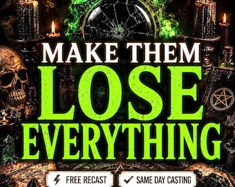 Könnte beinhalten: Eine dunkle Szene mit einem menschlichen Schädel, schwarzen Kerzen und einem gesprungenen runden Spiegel mit grünem Rauch. Der Text "MAKE THEM LOSE EVERYTHING" steht in Weiß und Grün, mit "FREE RECAST" und "SAME DAY CASTING" in weißen Kästen.