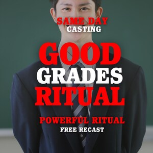 Puede incluir: Una persona con una chaqueta de traje azul marino oscuro, una camisa de vestir de color claro y una corbata a rayas azul oscuro. La imagen contiene texto en rojo y blanco que dice: SAME DAY CASTING, GOOD GRADES RITUAL, POWERFUL RITUAL, FREE RECAST.