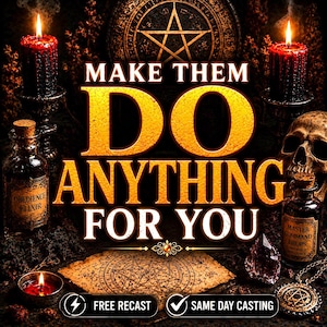 May include: A dark composition featuring two black candles with red wax drips, a human skull, two glass bottles labeled Obedience Elixir and Master Command Drops, a pentagram symbol, and a parchment with occult markings, with text reading MAKE THEM DO ANYTHING FOR YOU.