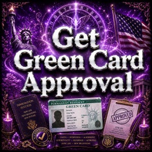May include: A purple-themed graphic featuring the text Get Green Card Approval, the Statue of Liberty, and an American flag. It includes a permanent resident card, an immigration success book, an approved document, candles, and a banner with text.