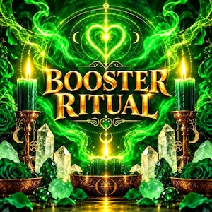 May include: A digital graphic featuring the text BOOSTER RITUAL in gold lettering, surrounded by green smoke, glowing heart symbols, and crescent moons. Two green candles in ornate gold holders flank a central candle, crystals, and roses.