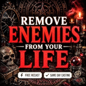 Op de afbeelding: Een donkere, sfeervolle afbeelding met de dikgedrukte rode tekst REMOVE ENEMIES FROM YOUR LIFE, met kleinere witte tekst die FREE RECAST en SAME DAY CASTING vermeldt. De achtergrond toont een schedel, kaarsen, een spiegel en occulte symbolen.