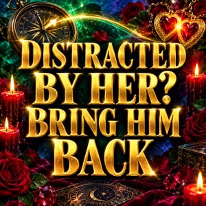 May include: A digital graphic featuring the gold text DISTRACTED BY HER? BRING HIM BACK. The scene includes a dark compass, two red heart-shaped pendants, red roses, lit red candles, and a dark rectangular box with a moon and star design.