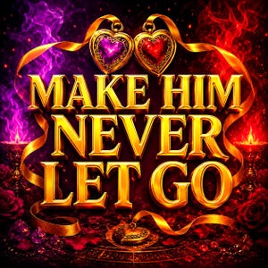 May include: A graphic design featuring the gold text MAKE HIM NEVER LET GO. Above the text are two heart-shaped pendants in purple and red, surrounded by gold ribbons, glowing purple and red smoke, candles, and scattered red roses and crystals.