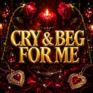 Könnte beinhalten: Ein goldener Schriftzug CRY & BEG FOR ME über einer roten herzförmigen Kerze. Darunter befinden sich zwei goldene herzförmige Medaillons mit roten Steinen, flankiert von roten Rosen und hängenden roten Kristallornamenten auf rotem Samt.