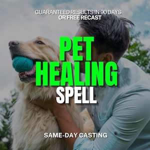 May include: A golden retriever holds a teal yarn ball in its mouth. Text overlay reads: GUARANTEED RESULTS IN 90 DAYS OR FREE RECAST, PET HEALING SPELL, SAME-DAY CASTING. The dog is being held by a person wearing a light blue button-down shirt.