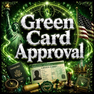 May include: A graphic design featuring the text Green Card Approval in silver lettering. The image includes the Statue of Liberty, a United States passport, a permanent resident card, a compass, a wax seal stamp, and an American flag.