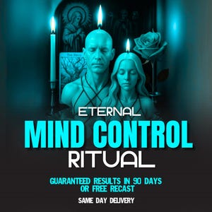 Peut inclure: Un graphique aux tons sarcelle montrant deux bustes sculptés avec des bougies allumées sur la tête, une rose et une carte de tarot. Le texte indique : ETERNAL MIND CONTROL RITUAL, GUARANTEED RESULTS IN 90 DAYS OR FREE RECAST, SAME DAY DELIVERY.