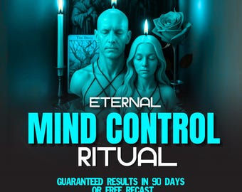 Può includere: Un grafico nei toni del verde acqua con due busti scolpiti con candele accese sulla testa, una rosa e una carta dei tarocchi. Il testo recita: ETERNAL MIND CONTROL RITUAL, GUARANTEED RESULTS IN 90 DAYS OR FREE RECAST, SAME DAY DELIVERY.