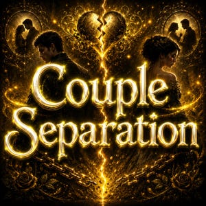 Puede incluir: Una ilustración digital con el texto dorado Couple Separation centrado sobre un fondo oscuro. Un corazón agrietado brillante se sitúa sobre el texto, con un rayo que divide la imagen. Dos siluetas de parejas aparecen en marcos circulares.