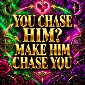 Può includere: Una grafica digitale con il testo dorato YOU CHASE HIM? MAKE HIM CHASE YOU centrato su uno sfondo vibrante di fumo verde e viola, un cuore rosso brillante, due bussole, lune crescenti e rose rosse e viola.