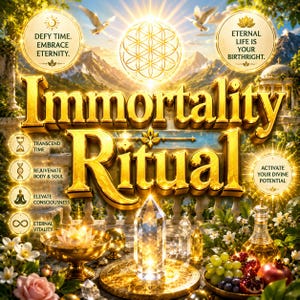 Puede incluir: Un diseño gráfico dorado titulado Immortality Ritual con un cristal central, un cuenco de loto y frutas. El texto incluye Defy Time, Embrace Eternity, Eternal Life Is Your Birthright, Transcend Time, Rejuvenate Body & Soul, Elevate Consciousness y Eternal Vitality.