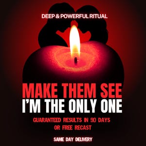 Pode incluir: Uma vela vermelha com uma chama acesa, apresentando as silhuetas de duas pessoas frente a frente. O texto diz: DEEP & POWERFUL RITUAL, MAKE THEM SEE I’M THE ONLY ONE, GUARANTEED RESULTS IN 90 DAYS OR FREE RECAST, SAME DAY DELIVERY.